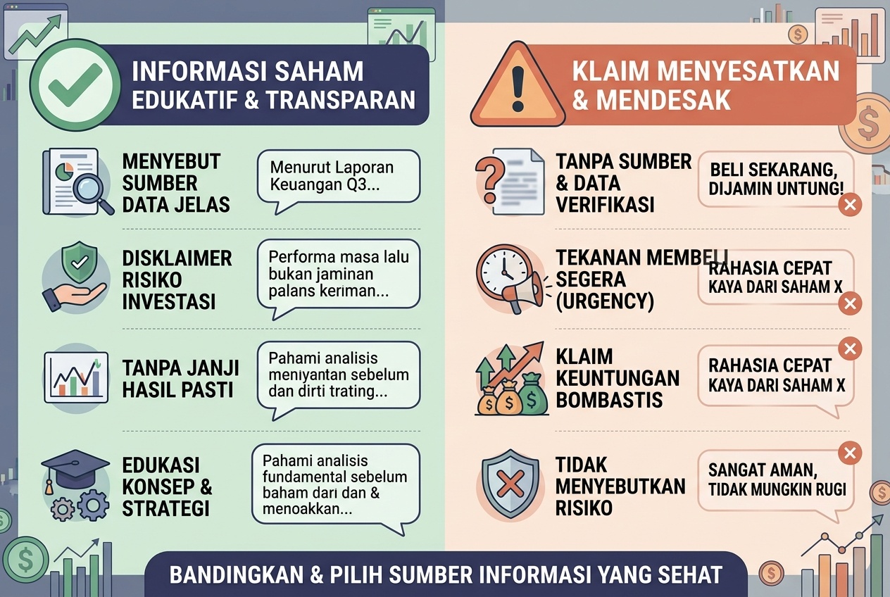 Dua kolom pembanding informasi saham edukatif dan informasi yang menyesatkan
