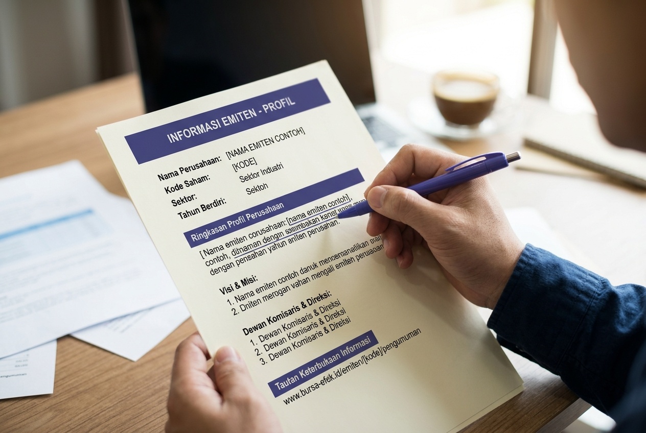 Lembar profil emiten dengan data perusahaan tercatat yang sedang ditelaah