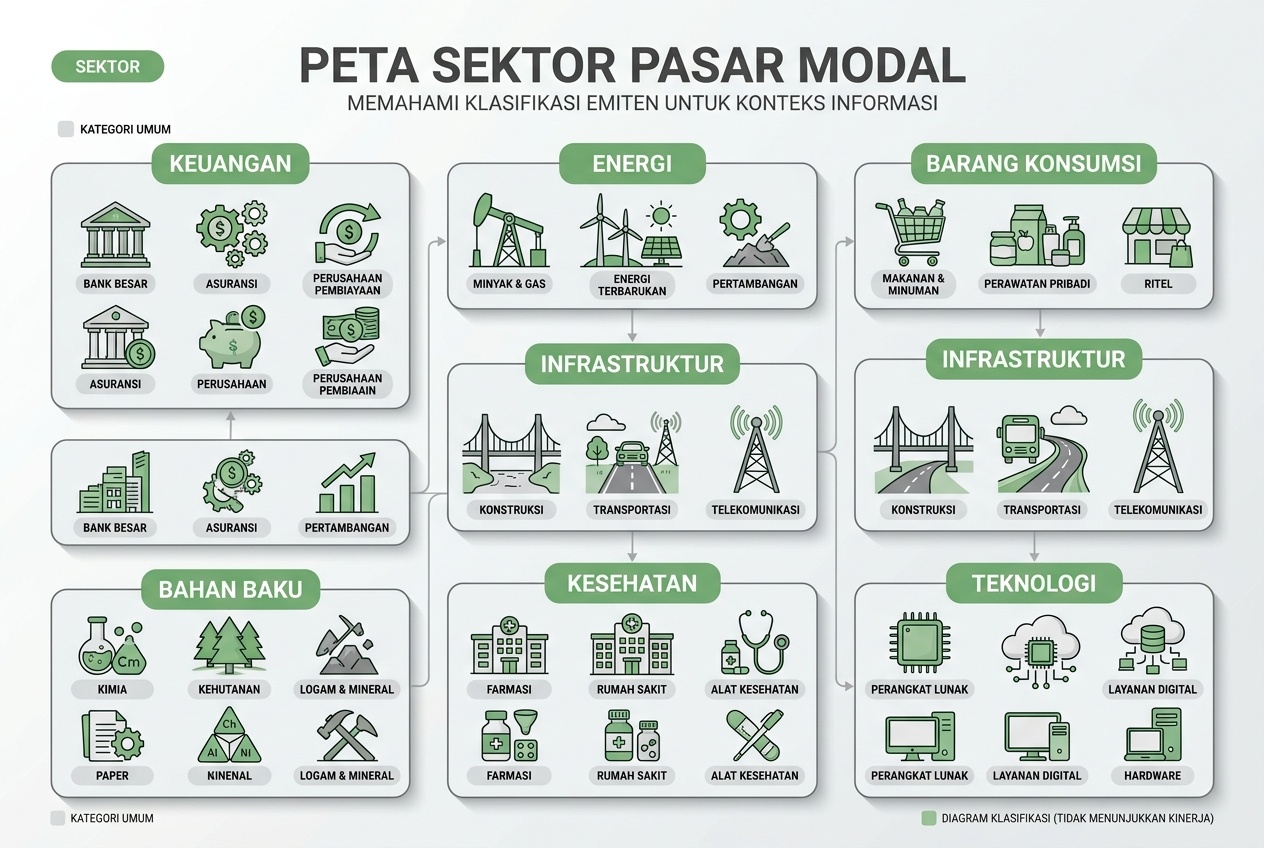 Diagram peta sektor pasar modal yang mengelompokkan emiten berdasarkan industri